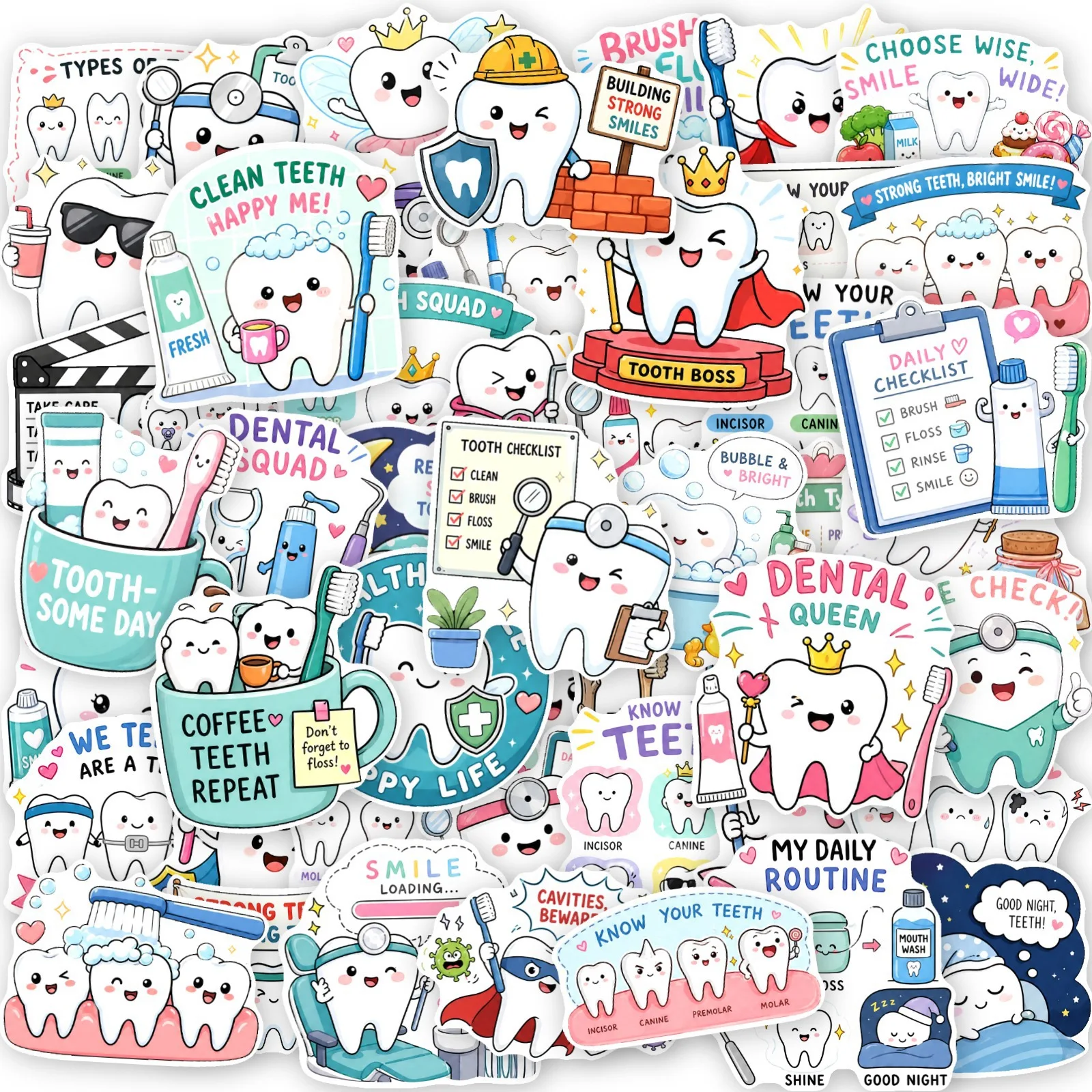 50pcs Cute Dental Tooth Shaped Stickers Cartoon Teeth Sticker Dentist Store Toothbrush Label Decoration Dentistry Gifts