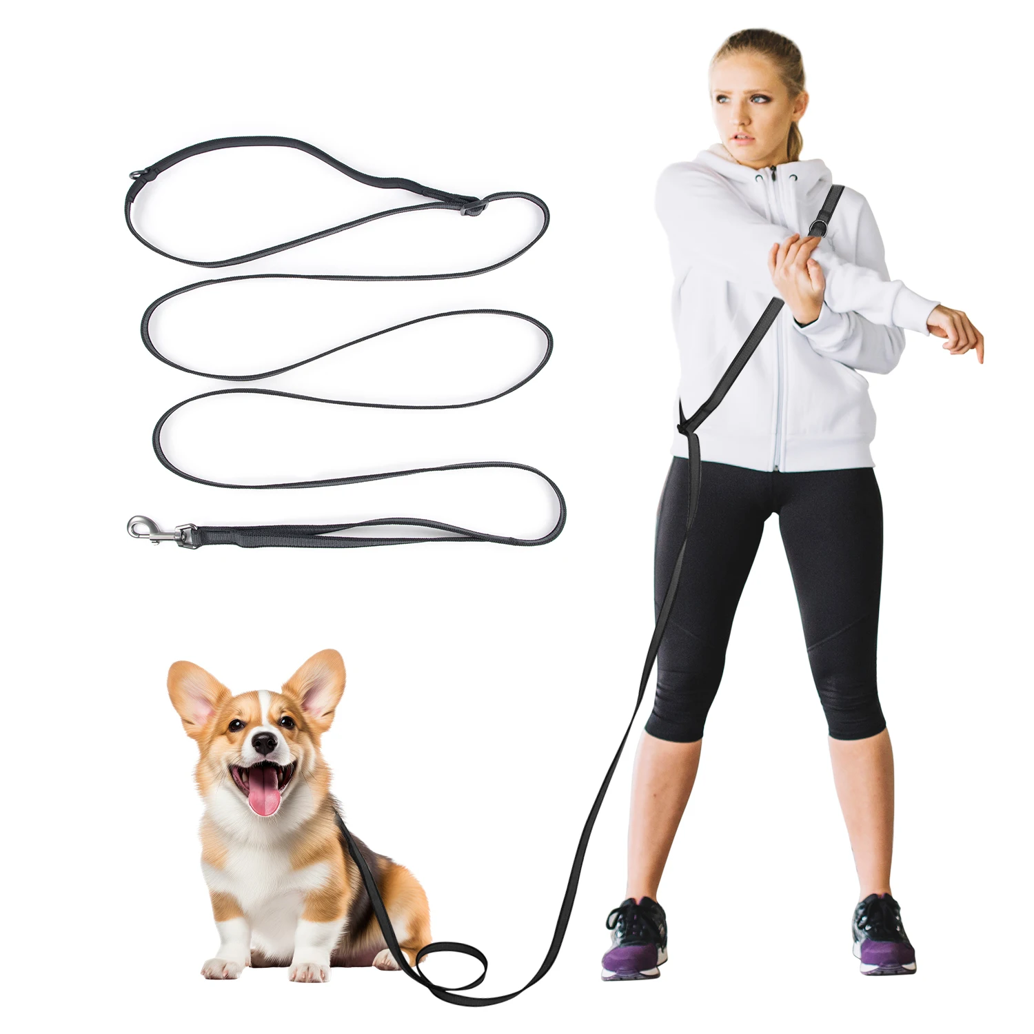 

Hands Free Double Handle Dog Leash for Running Walking, Adjustable Multifunctional Crossbody Waist Leash Big Medium Pet Dogs