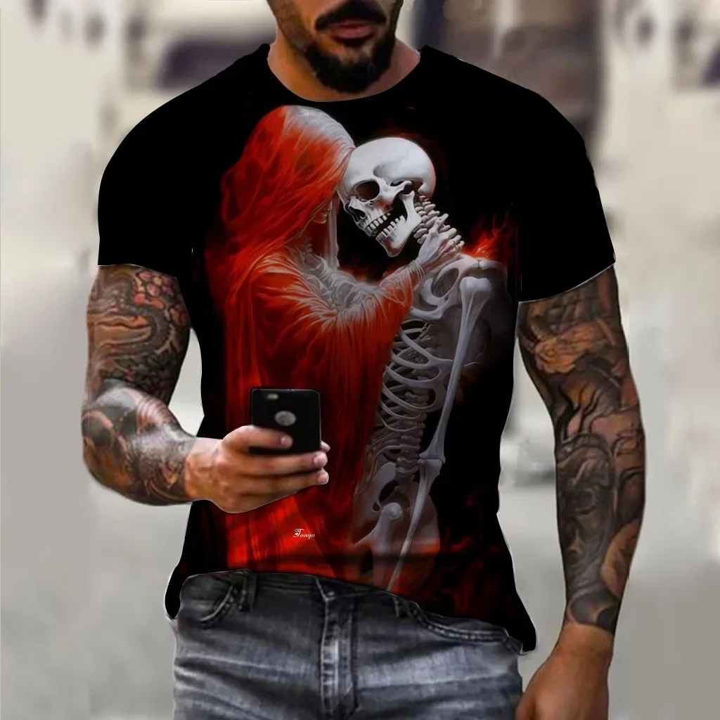 

New Summer Skull And The Beauty Picture Men T-Shirts Casual 3D Print Tees Hip Hop Personality Round Neck Short Sleeve Tops
