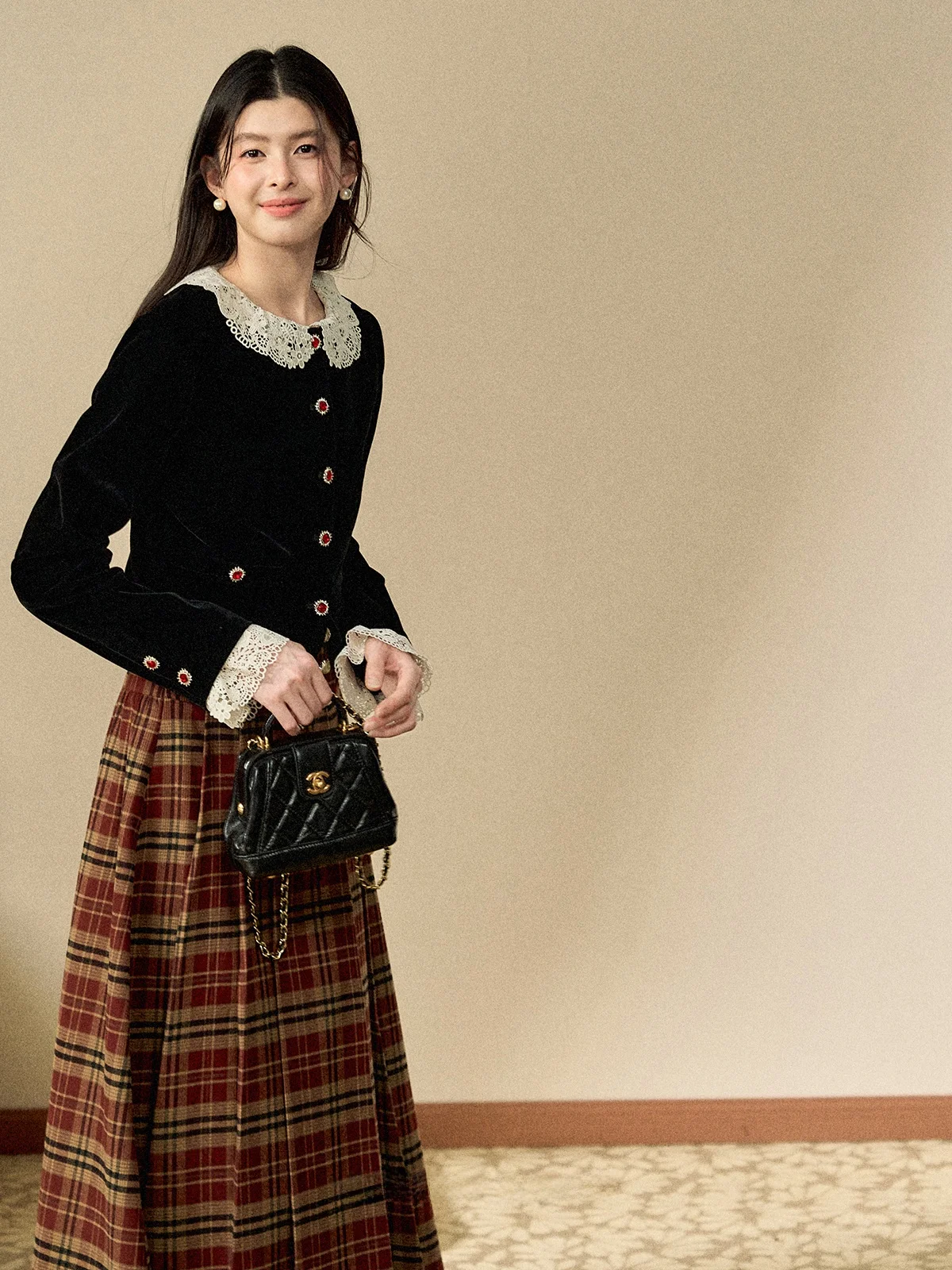 

Женская бархатная куртка Aunt Deer с длинными рукавами и воротником-стойкой, осенний модный дизайн, французский стиль, свободный крой, на пуговицах