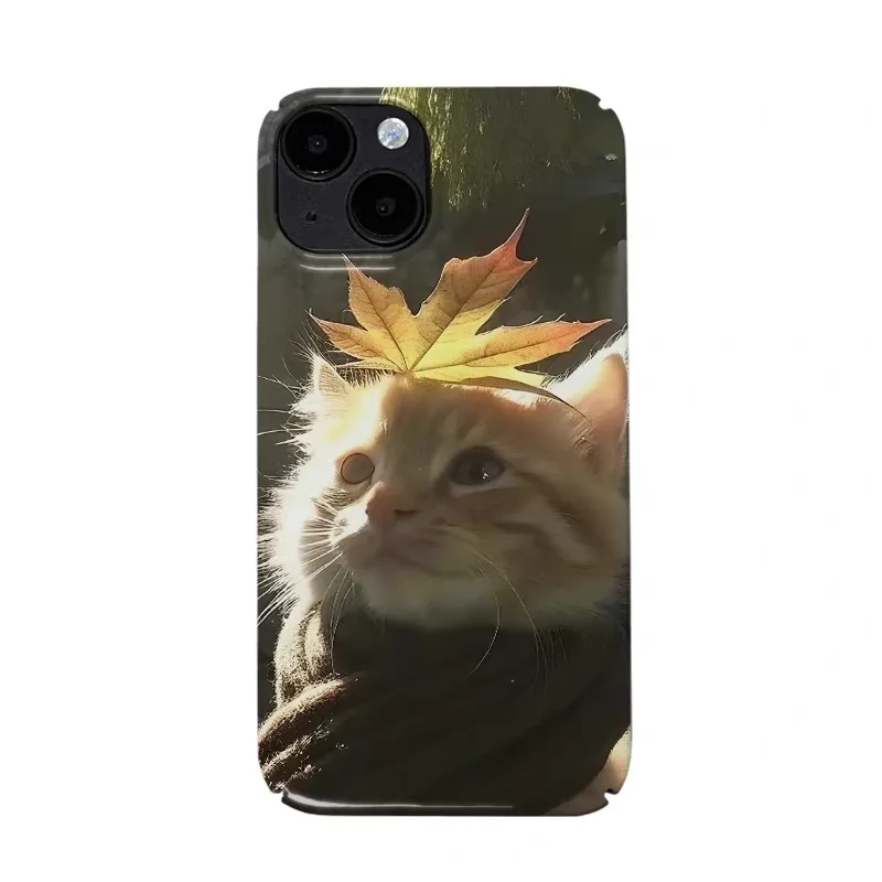 

INS Yellow Maple Leaf Cat Phone Case for IPHONE 17 Air 16E 15 PROMAX 14 Plus 13 12 MINI 11 PRO 16Plus XR XS Acrylic Phone Cover