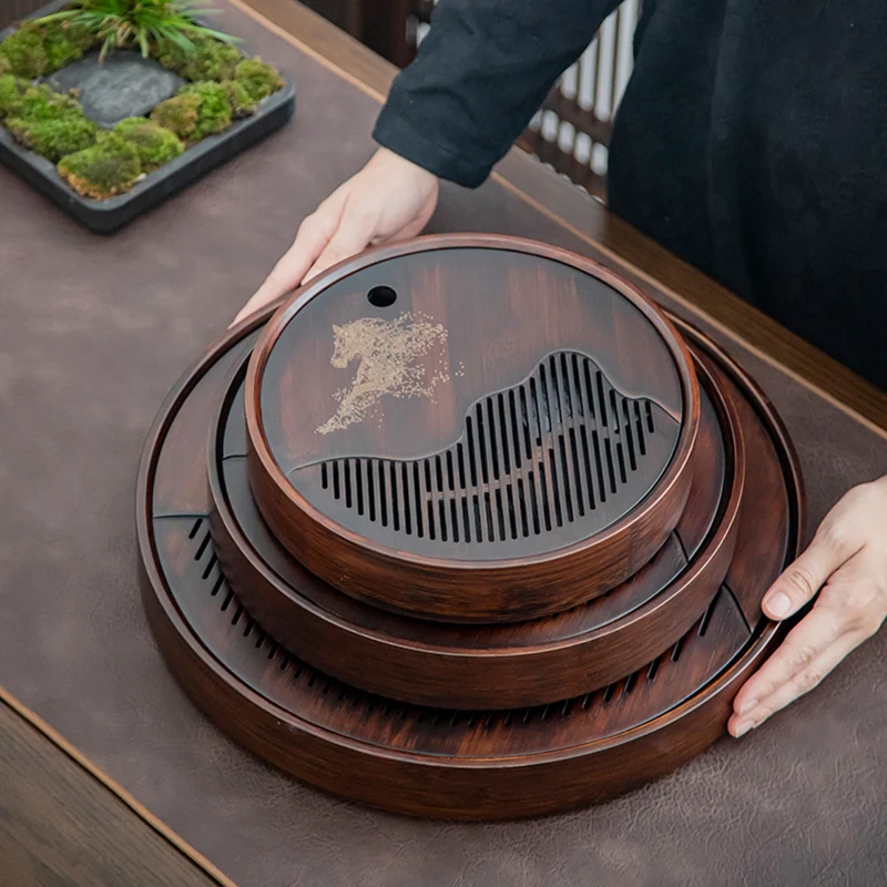 

Бамбуковый поднос для чая, китайская круглая подставка для чая для хранения воды, бытовой чайный сервиз Gongfu, чайный столик, диаметр 25-38 см