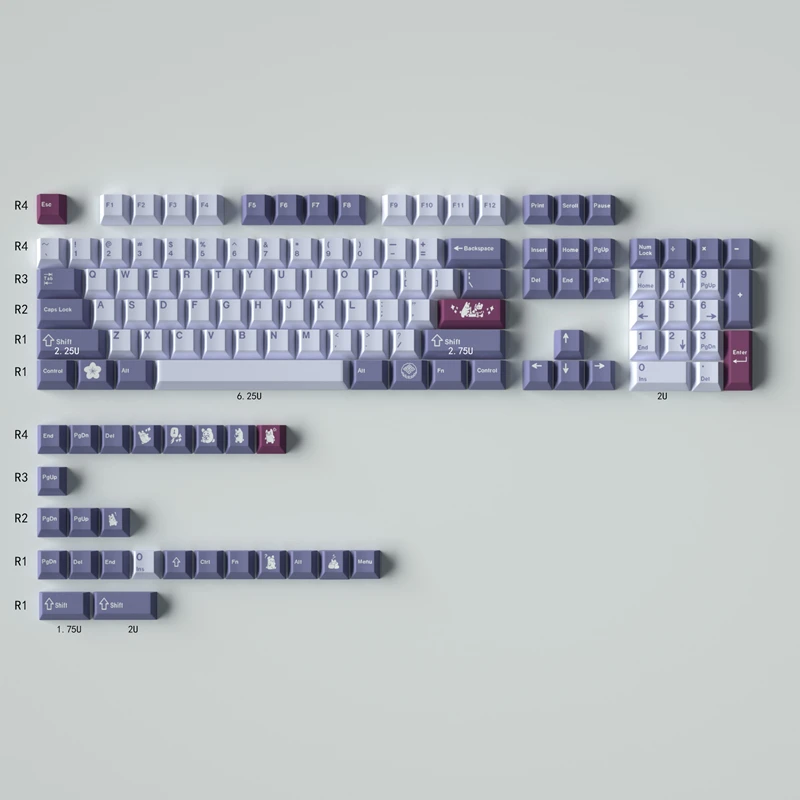 GMK Coelho TUZI Keycaps, Perfil Cereja, Material PBT, Sublimação de Corante, Teclado Mecânico Roxo para Interruptor MX, 23 Teclas, 129 Teclas