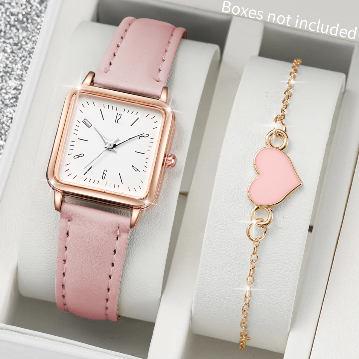 2PCS/Set Women\'s Watch Fashion Square Small Dial Quartz Watch Heart Bracelet Set（Without Box）