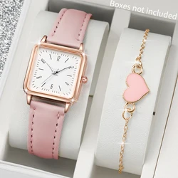 2PCS/Set Women's Watch Fashion Square Small Dial Quartz Watch Heart Bracelet Set（Without Box）