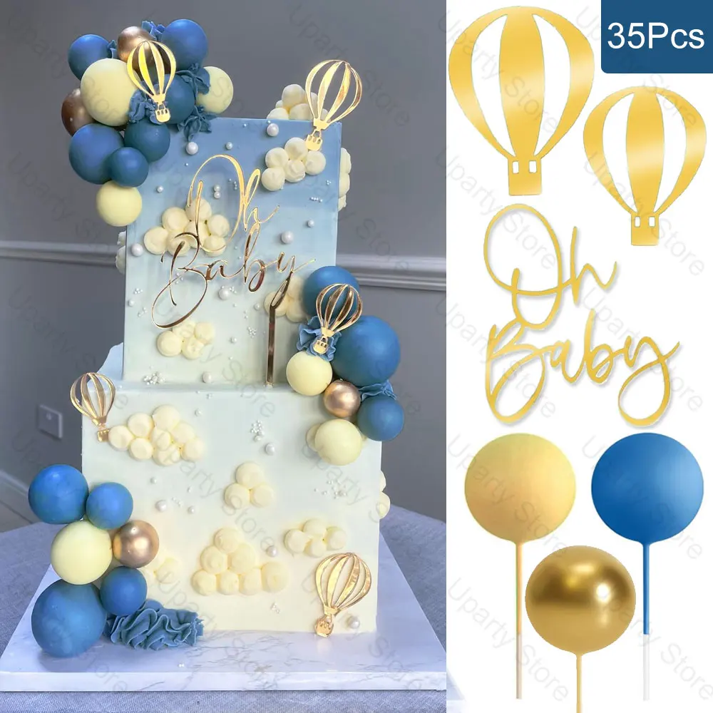 1 Set Dusty Blue Cake Balls Topper Gold Acrylic Oh Baby Hot Air Balloon Cake Toppers for Baby Shower Boy Birthday Cake Decoratio