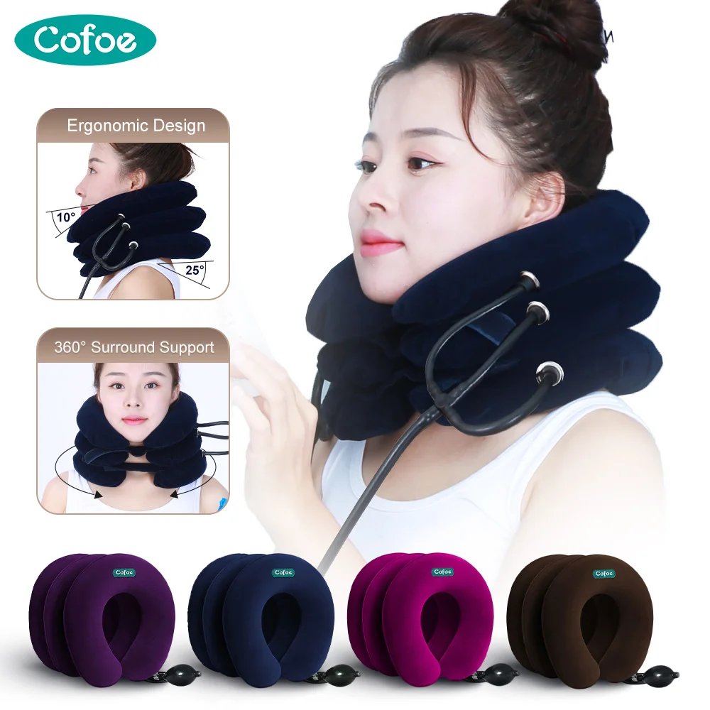 COFOE 3-Tube Rapid Inflate Neck Support Pillow - Premium Semi-Flocking Neck Posture Corrector for Travel/Office/Reading