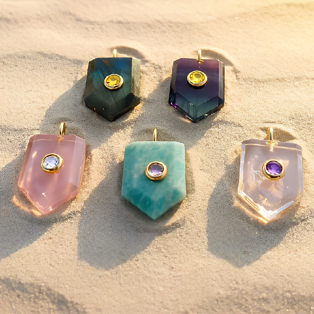 Faceted Shield Natural Healing Gemstone Charms Golden Tone Bezel Inlaid Center Stone Single Bail DIY Beading Findings P2D211CZ