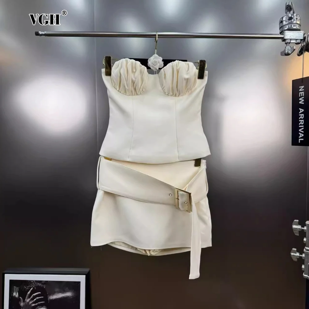 

VGH French Sexy Two Piece Set for Women Strapless Sleeveless Pleated Tube Top with Belt Mini Skirt Suit Female Autumn Fashion