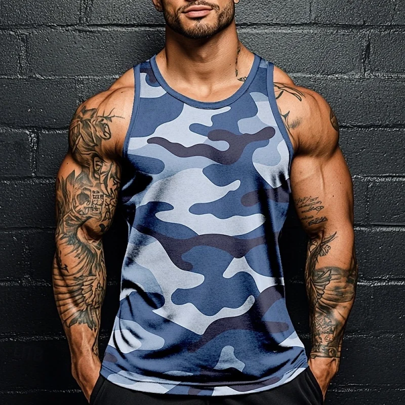 

3D Printed Fun Camouflage Tank Tops For Men Color Block Pattern Tees Summer Casual Loose Street Sports Round Neck Vest Top