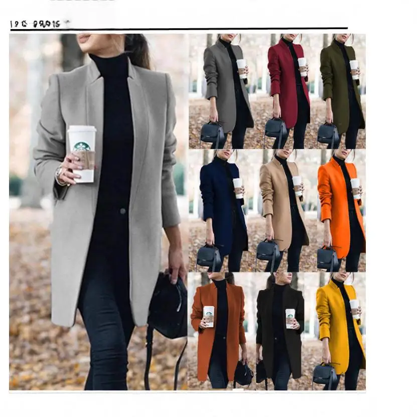 

Шерстяные куртки с воротником-стойкой, женское модное пальто большого количества для поездок на работу, длинное зимнее пальто из полиэфирного волокна, однотонное