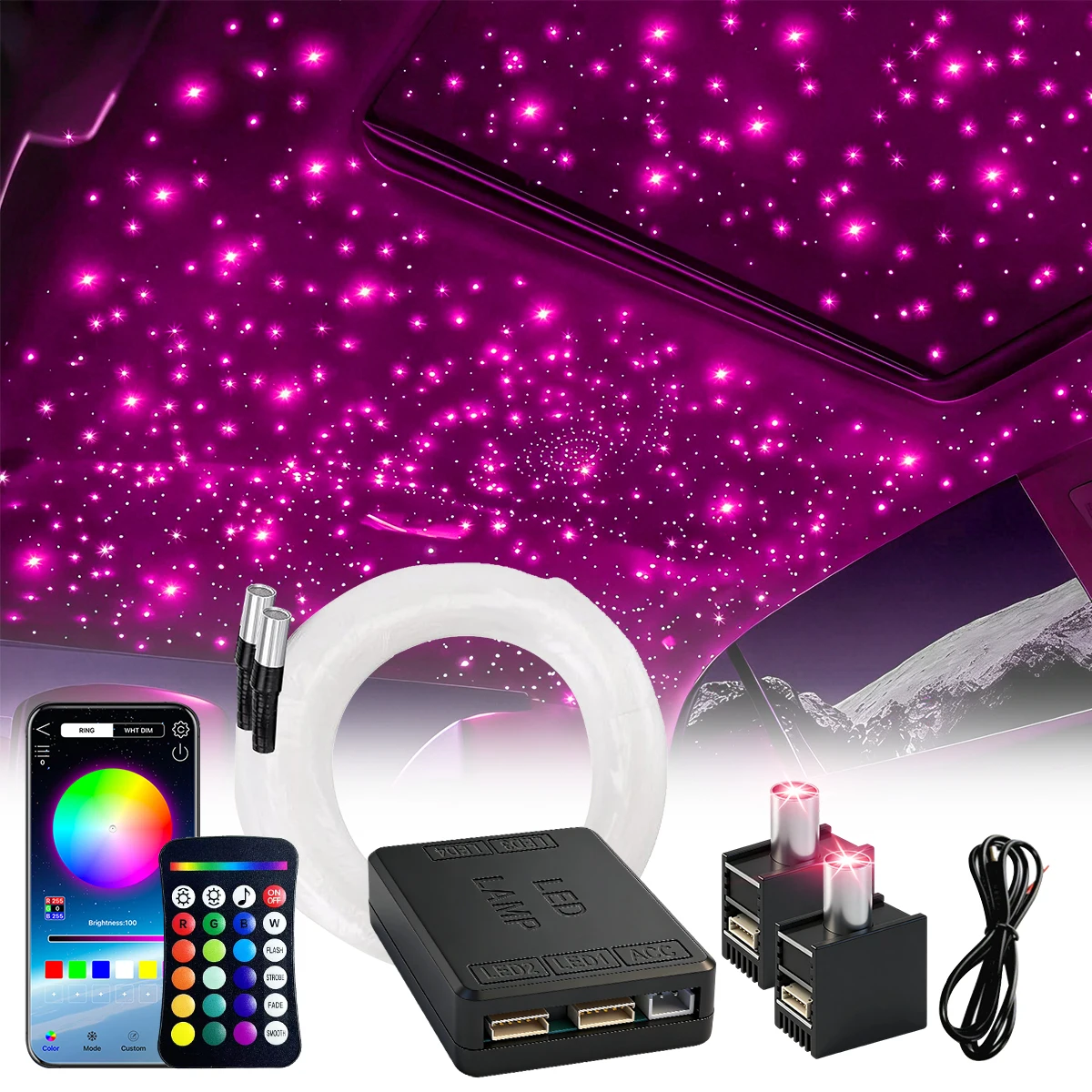 2026 Nieuwe RGBW DC12V 16W 1/2-Split Sterrenhemel Atmosfeerlicht APP Besturing Glasvezel Auto Sterrenhemel Plafond Dak Kits Interieur
