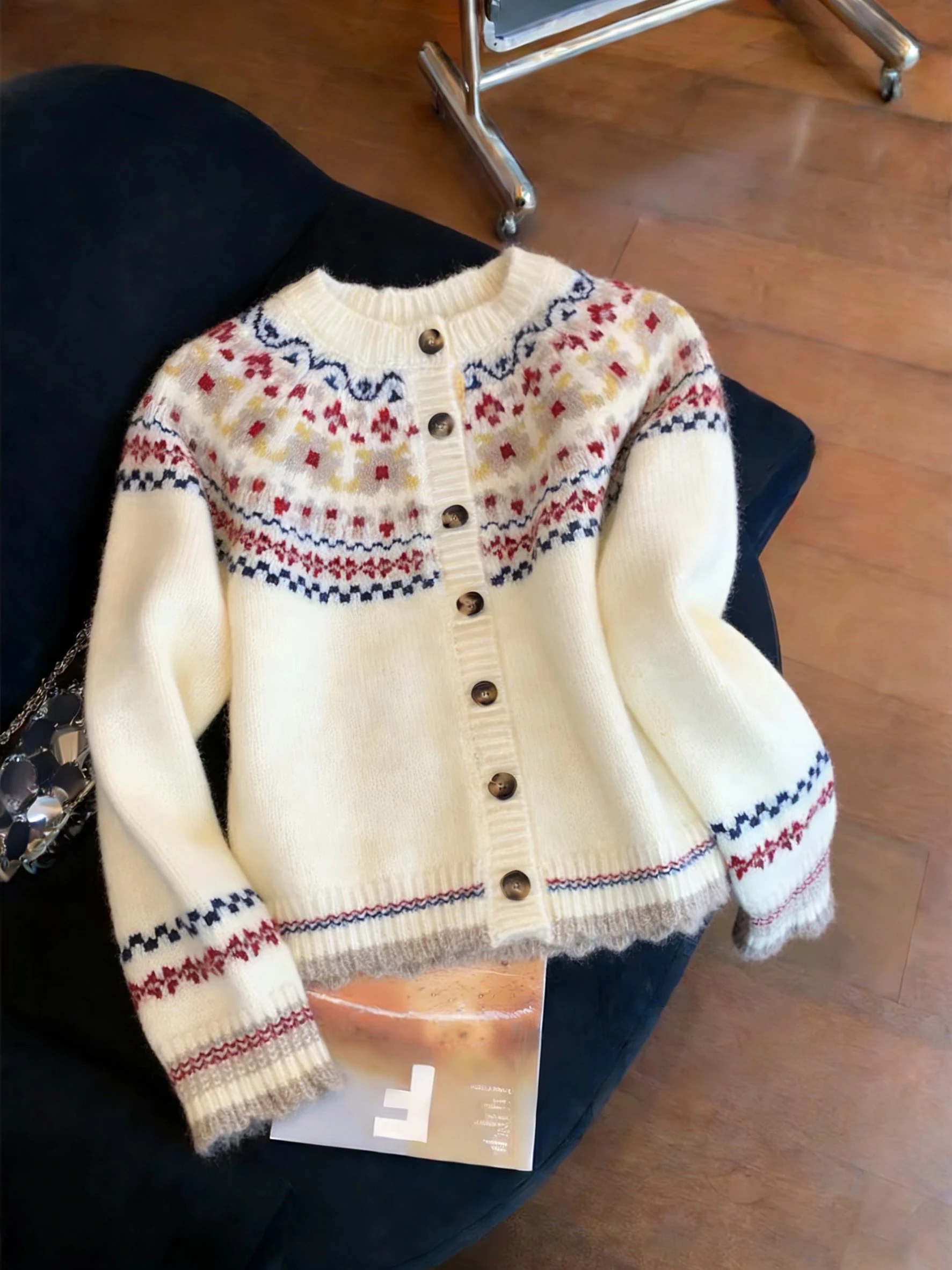 

Loose Fit Korean Sle Lazy Faion Fair Isle Knit round Ne Sweater Coat ex Spring Autumn Slimming Versatile Open Cardigan