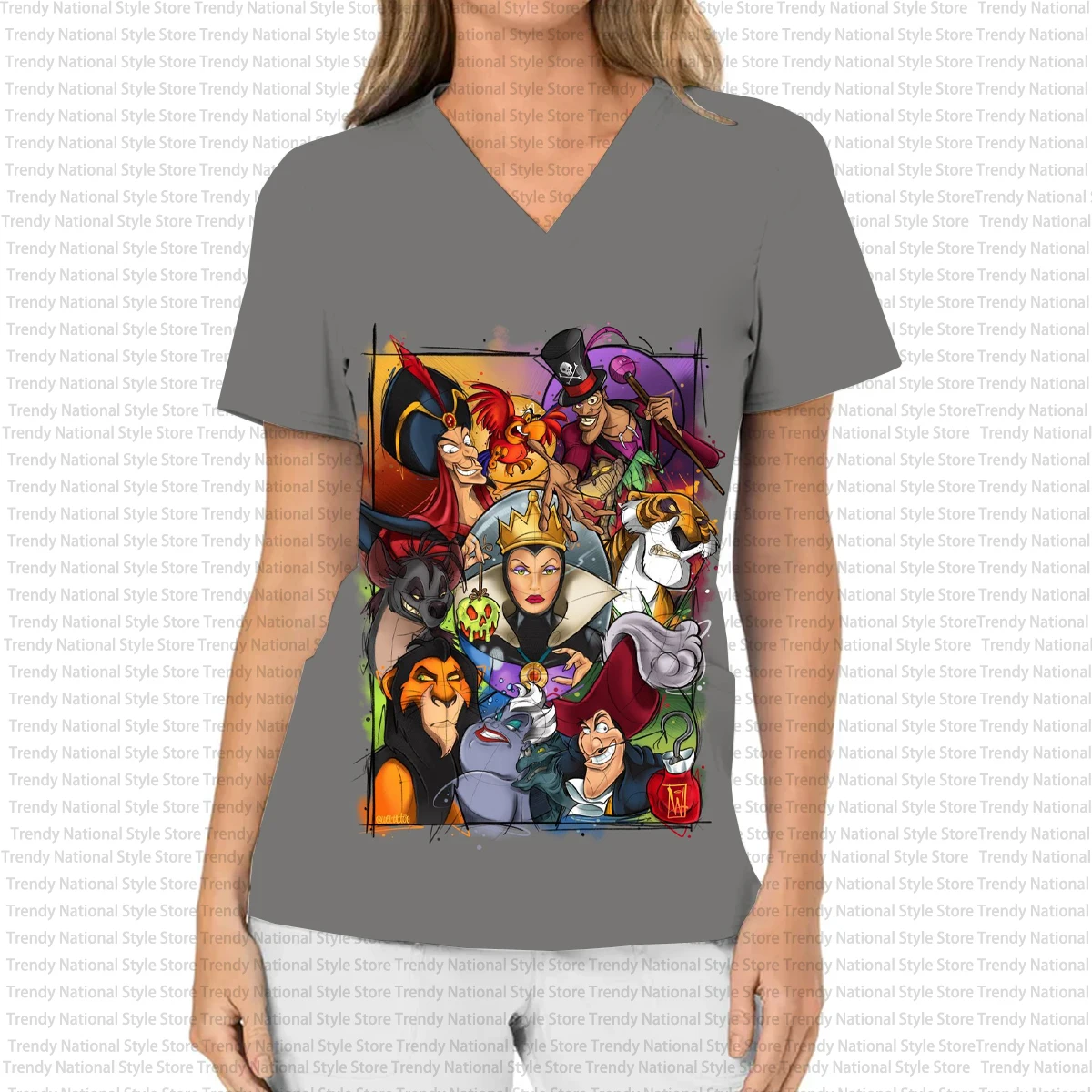 ハロウィンディズニー睡眠悪魔プリント女性の作業服女性の V ネックポケットスクラブトップ医療研究所看護 Tシャツ