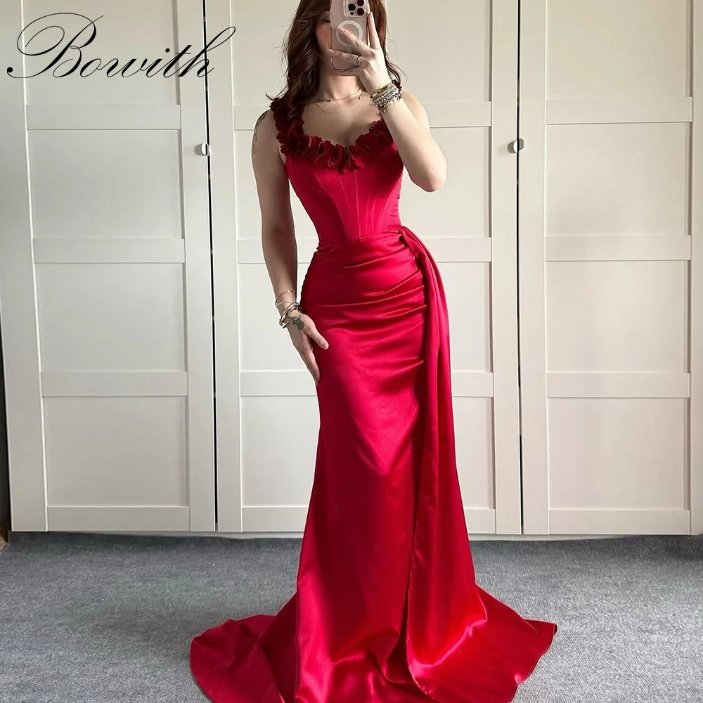 

Bowith Red Formal Evening Dresses 3D Flowers Off the Shoulder Long Prom Gown Customized Evening Party Dresses for Women