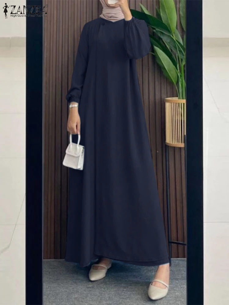 Moda muzułmańska sukienka Abaya 2024 ZANZEA jesień kobiety elegancki długi rękaw latarniowy jednolita szata dubaj hidżab Sundress islamska odzież