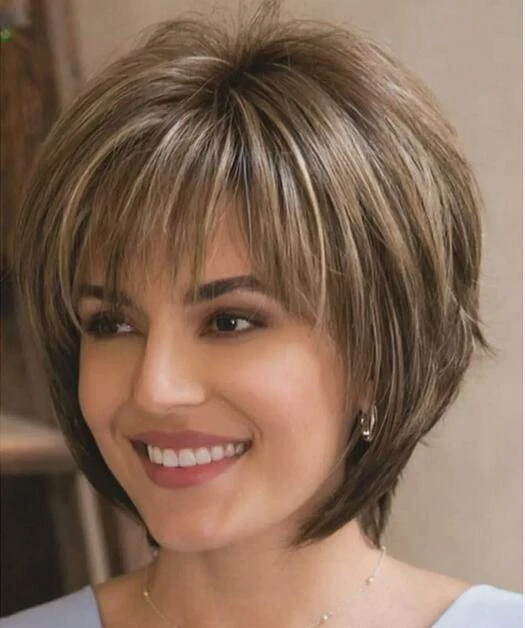 Short Pixie Cut Straight  with Bangs Brown Highlight Blonde Synthetic Wigs