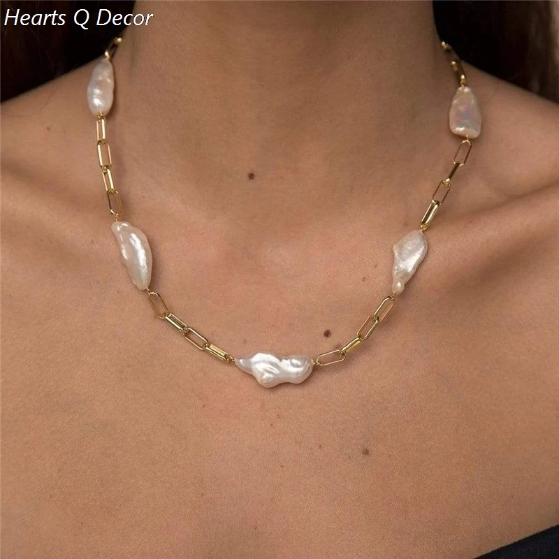 Brass Irregular Freshwater Baroque Pearl Chain Necklace Punk Statement Designer T Show Runway Gown Sweety Boho Amazing Jewelry