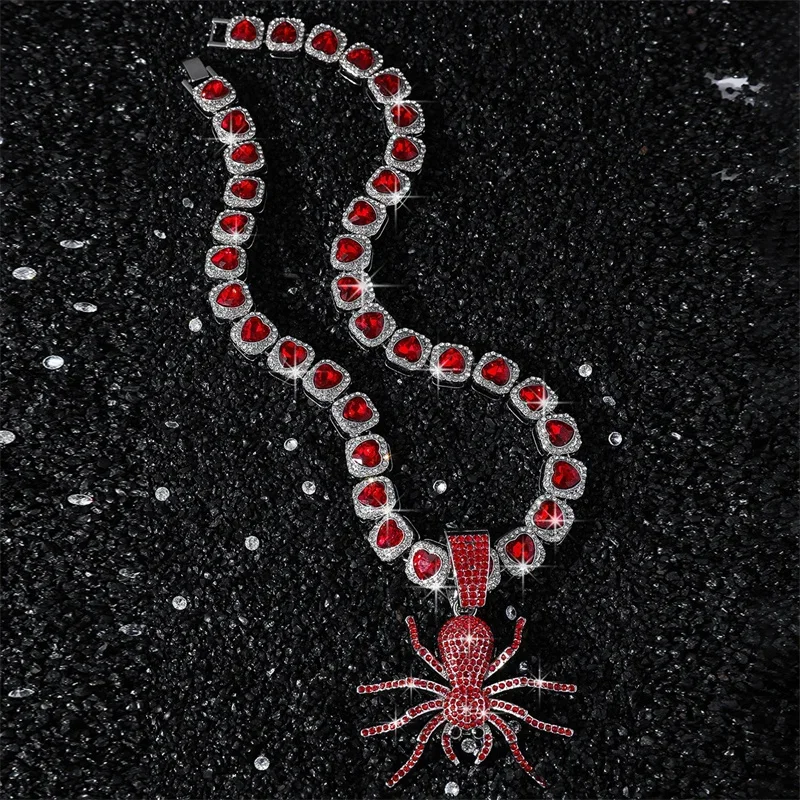 

Big Ruby Heart Tennise Chain With Red Spider Pendant Necklace For Men Women Hip Hop Bling Cuban Chian Choker Party Jewelry