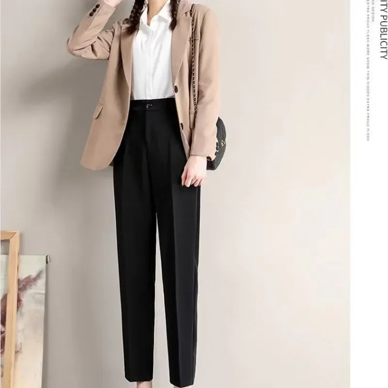 

Office Pocket Black Loose Ankle-Length Pants Women New High Waist Korean Zipper Button All-match Lady Straight Trousers LJ4