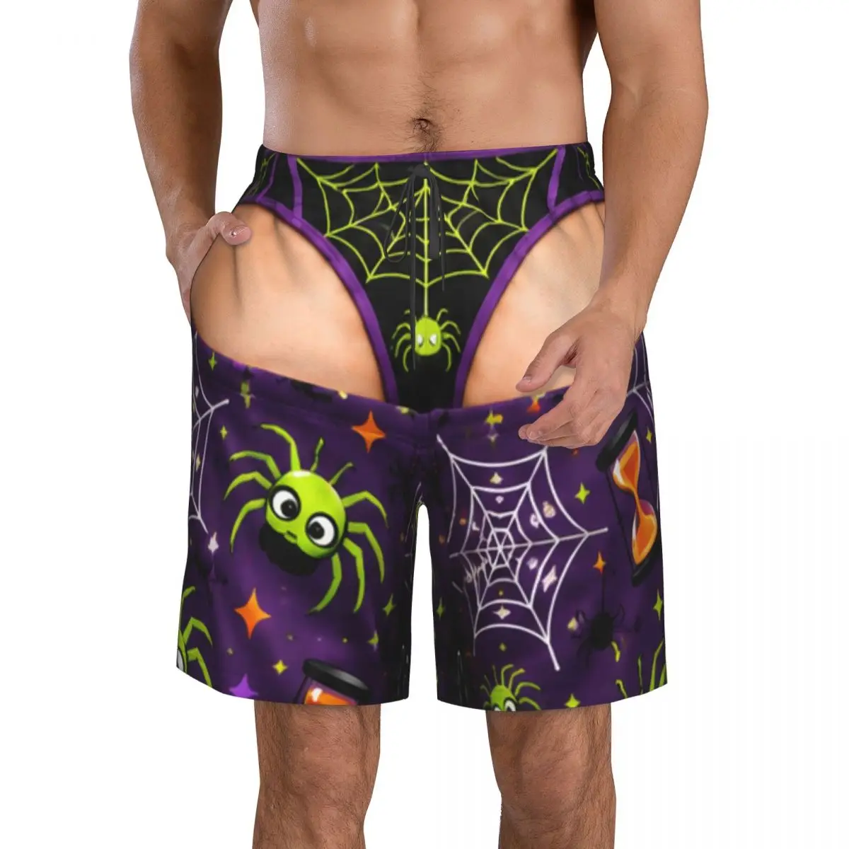 Men's Funny Sexy Halloween Spider Web Spooky Gothic Raven Swim Trunks Hawaiian Bathing Mesh Lining Suit Swimsuits Beach Shorts