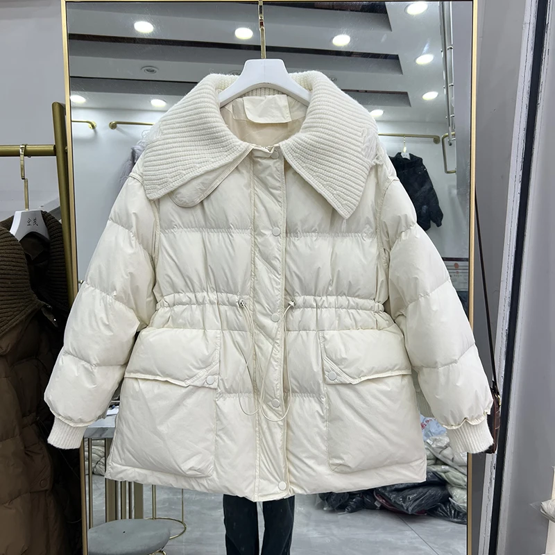الشتاء متماسكة التلبيب لصق منتصف طول أسفل سترة الإناث الرباط سميكة الدافئة سترة المرأة الأبيض بطة أسفل جيب باركر أبلى