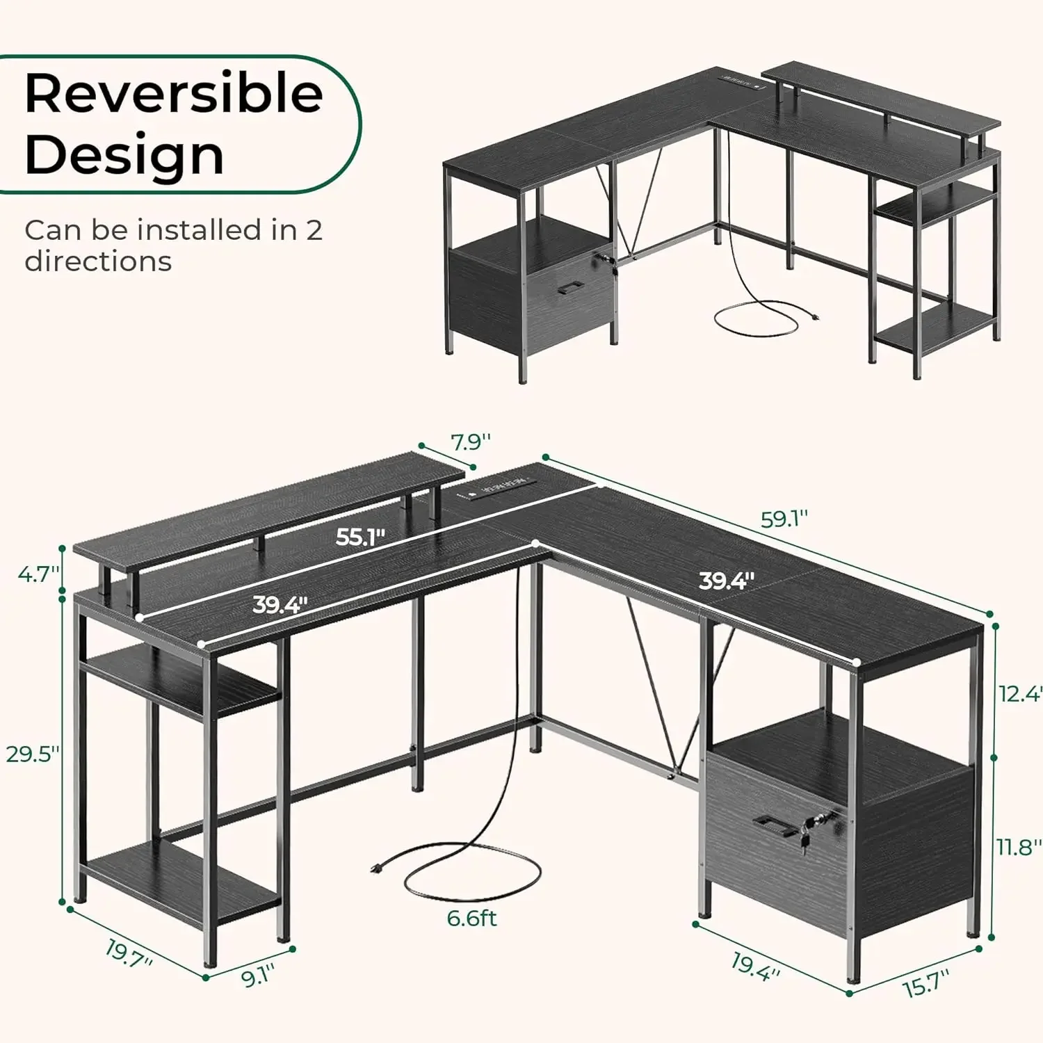 L Shaped Computer Desk with Power Outlets & LED Lights, Reversible Computer Desk with File Cabinet & Storage Shelves, Black