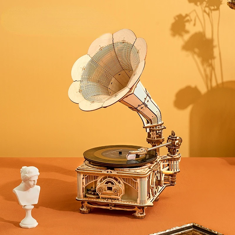 Retro 3d assembling model of phonograph vinyl record jigsaw puzzle wood is difficult.