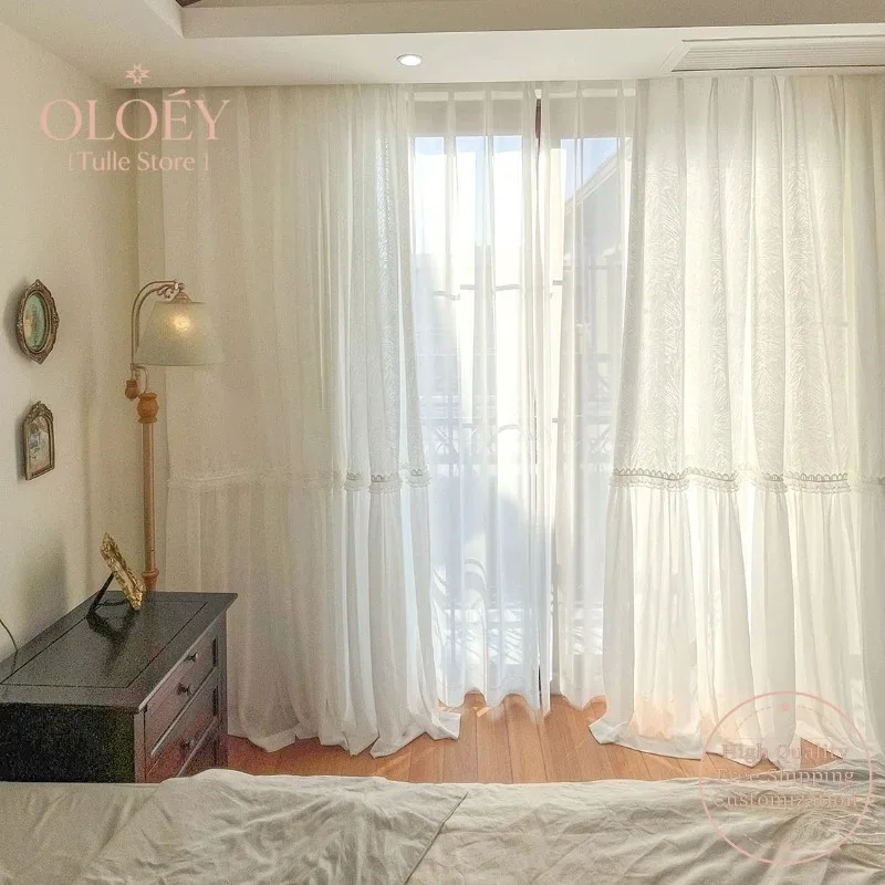 

French Retro Princess Lace Curtains White Sheer Embossed Skirt Style Light Filtering Palm Tree Design Translucent Drapes Sheer