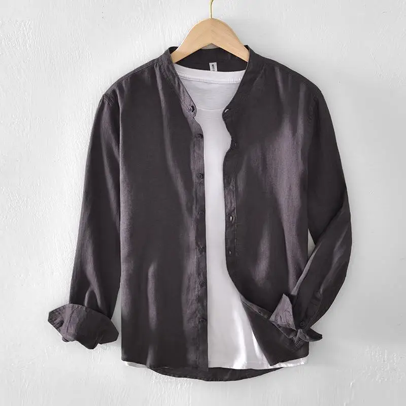 

Мужская льняная рубашка L942 с длинным рукавом, приталенного кроя, с воротником-стойкой, дышащая, однотонная, повседневная верхняя одежда для мужчин среднего возраста