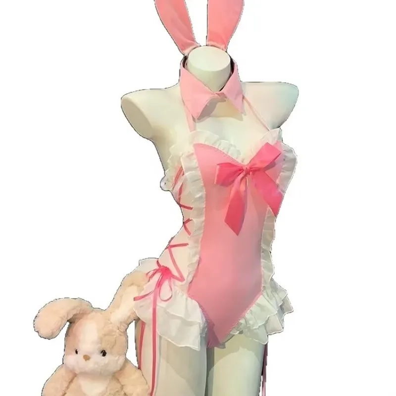 

Pink Lace Open Crotch Bodysuit Women Sexy Cosplay Lingerie Anime Lolita Kawaii Maid Uniform Costume Adult Roleplay