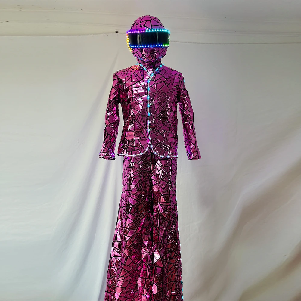 

Розовый тканевый светодиодный костюм на ходулях, глянцевый светоотражающий светодиодный костюм робота для выступлений, карнавальный фестиваль, гигантский комплект