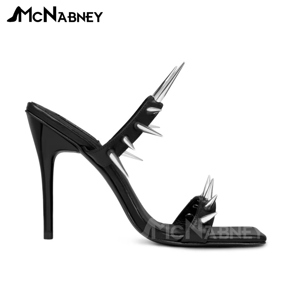 Black Leather Mules with Spikes Self Defence Fashion High Heels Open Square Toe Stiletto Slippers Sexy Summer Sandals for Women