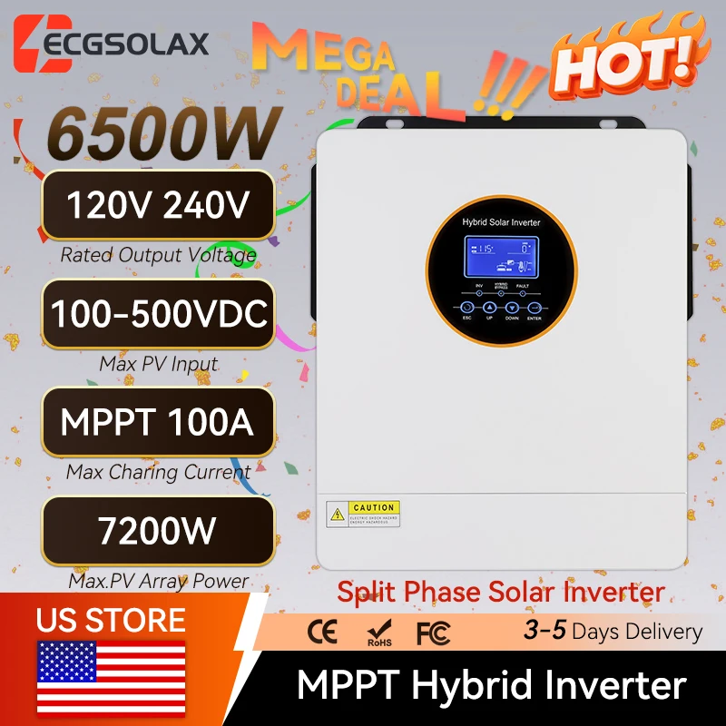 ECGSOLAX Split-Phase 7200W Solar Inverter 120V 240V Pure Sine Wave MPPT 48V Hybrid Solar Inverter 100A MPPT Off-Grid Inverter