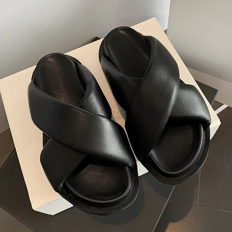 Soft Sheepskin Thick Sole Height Increasing Cross Band Sponge Cake Women's Cool Mop Round Head Bread Style Lazy Slippers Trendy