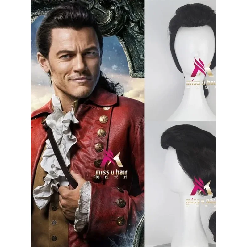 

new Beauty and the Beast Prince Gaston Black Short Cosplay Halloween Role Play Hair +wig cap ir;l5