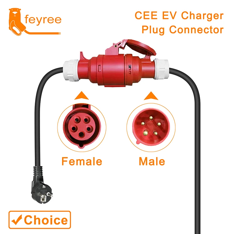 feyree EV Charger Schuko Plug to CEE Red Power Female Plug 5 Pins Socket Adapter Connect with 16A 3 Phase 11KW Portable Charger