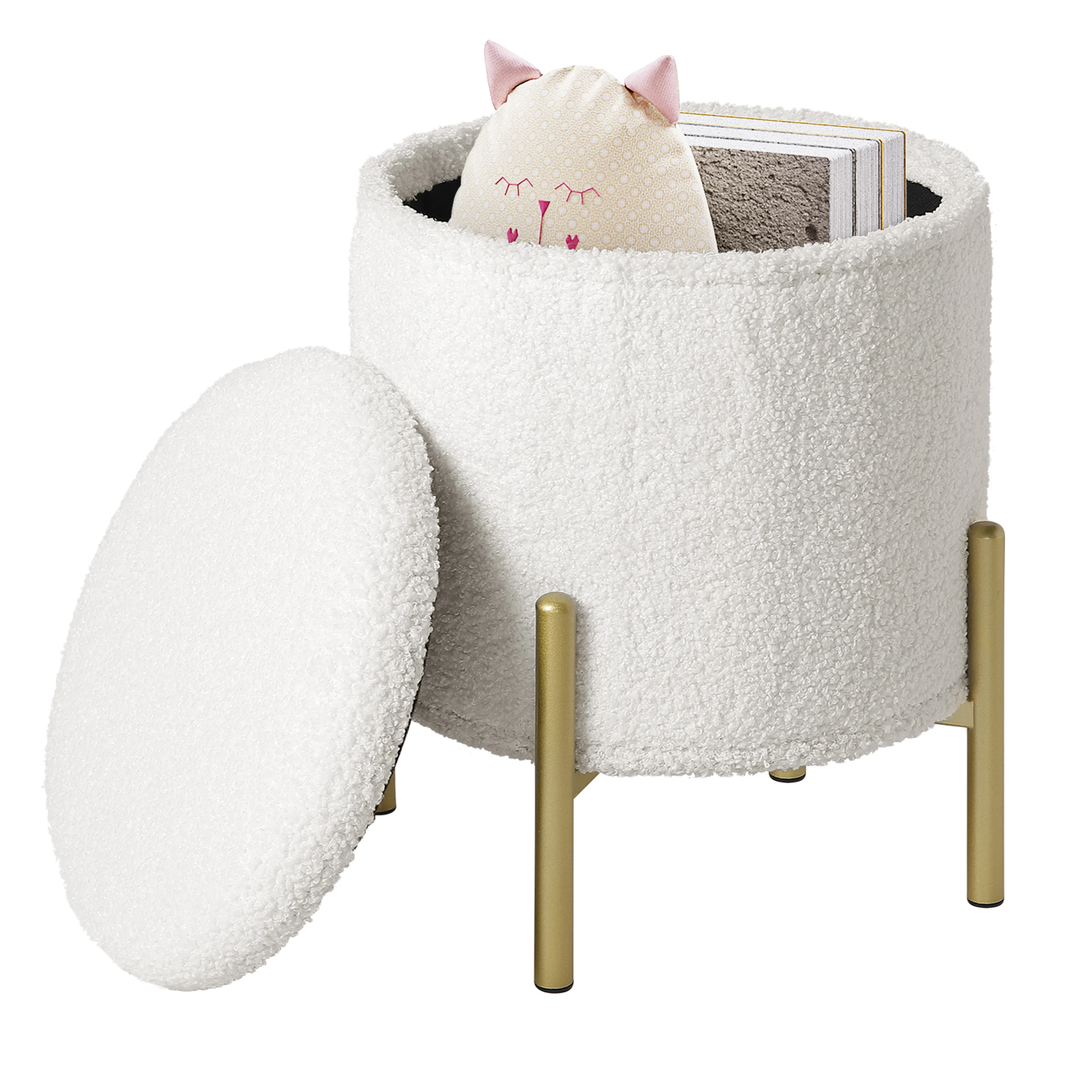 WOLTU Taburete tapizado plegable redondo otomano con patas de metal, asiento de almacenamiento, cofre de lana de peluche para sala de estar y dormitorio