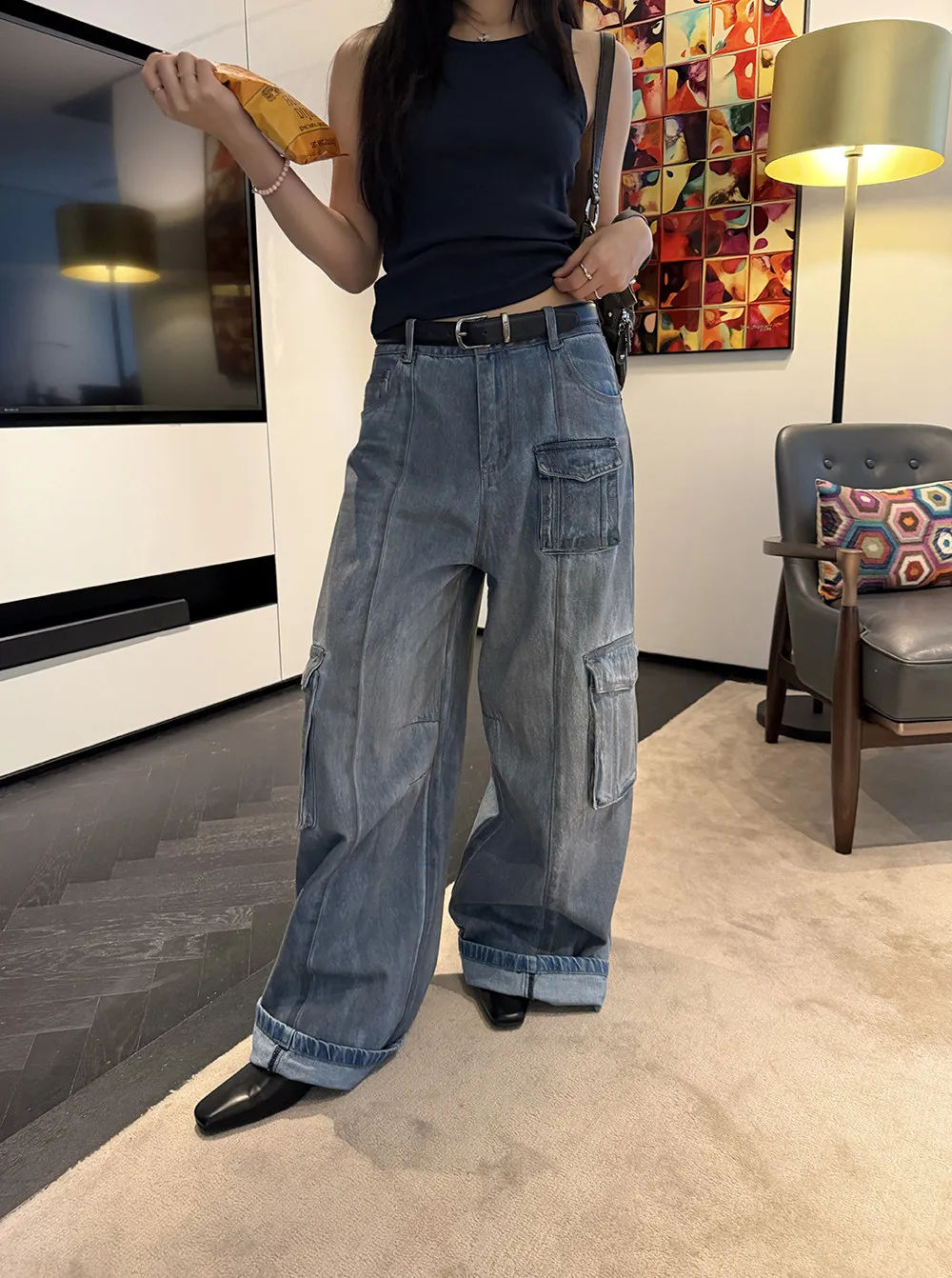 

Spring 2026 Women's Heavy Duty Vintage Washed Color Fading Workwear Jeans Loose Fit Natural Waist Cotton Zipper Pocket
