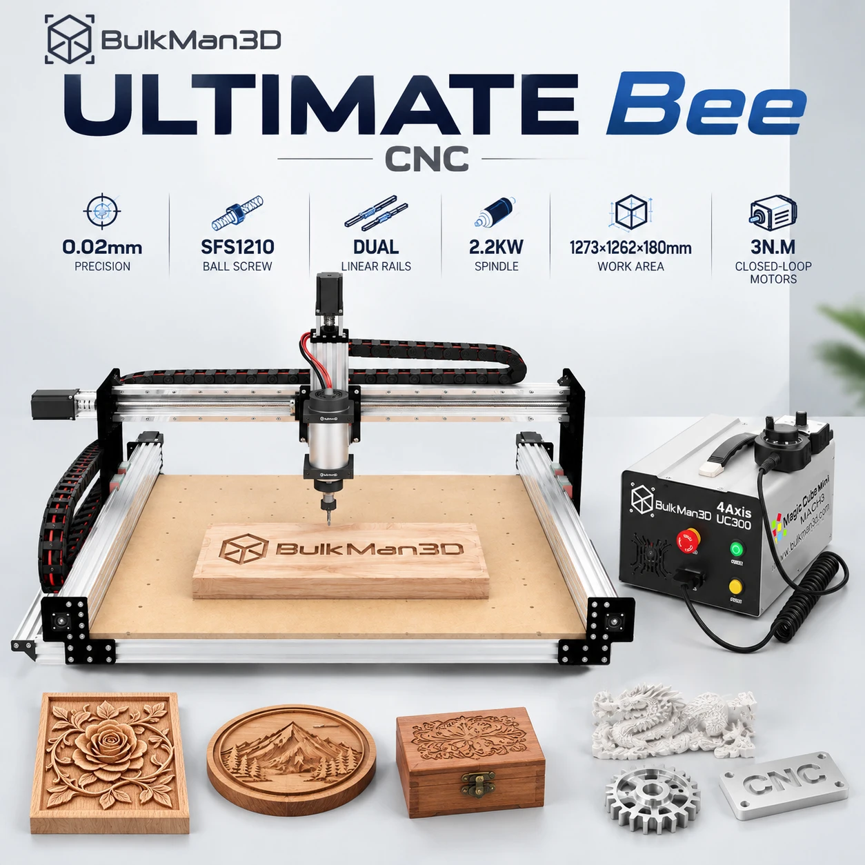 BulkMan3D ULTIMATE Bee CNC Router 4 Axis CNC Machine Kit Ball Screw HGR Linear Rail Milling Engraver for Wood Aluminum Metal DIY