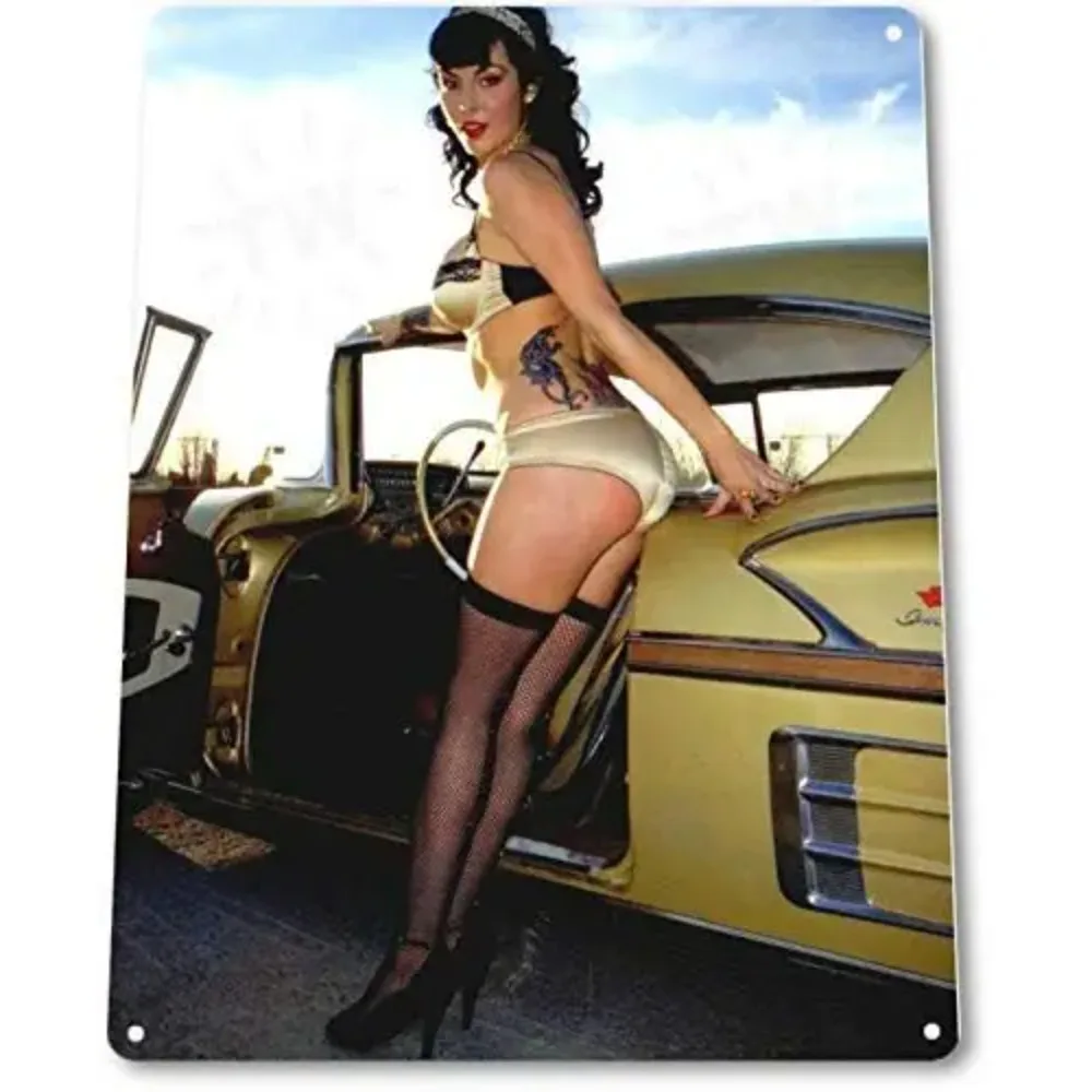 Multiple styles 2D Retro Beach Chopper Metal Sign, Tattooed Pin-Up Biker Art, Distressed Metal Decor for Bar & Patio Man Caves