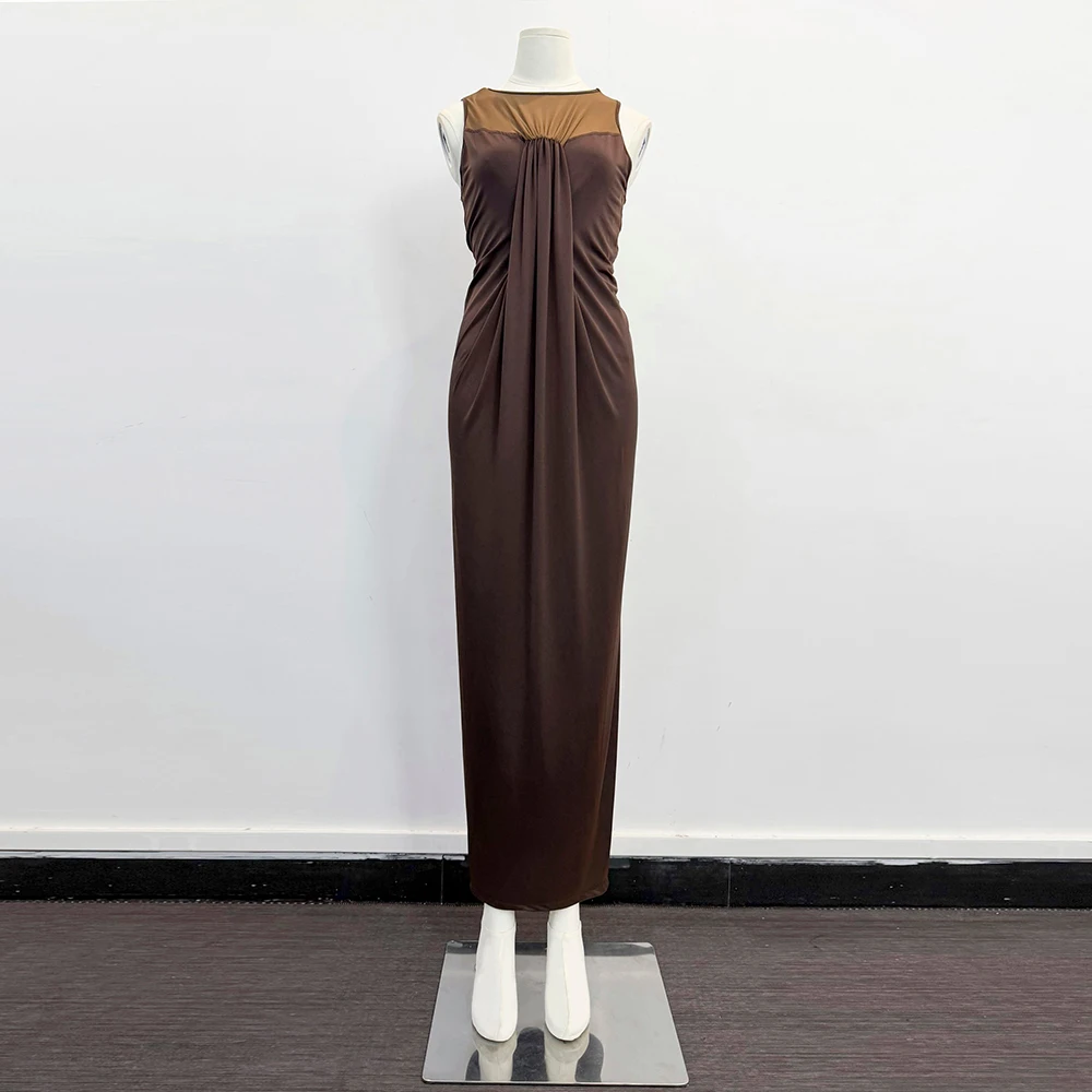 Women Brown Sleeveless Maxi Dress Ruched Waist Bodycon Long Dress Elegant Solid Color Party Clubwear Evening Dress 2026 New Y2k