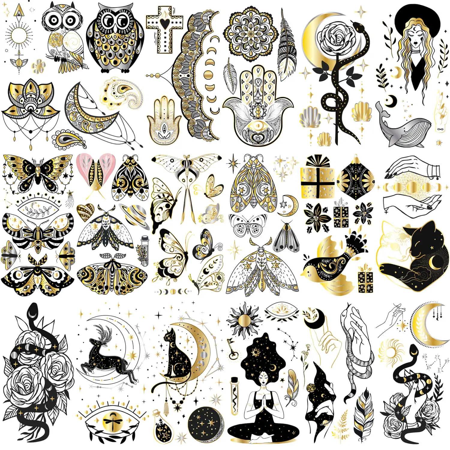 Glaryyears Metallic Gold Temporary Tattoo, 18-Pack Long-lasting Fake Tattoos, Small Size Variety Pack Realistic Tattoos