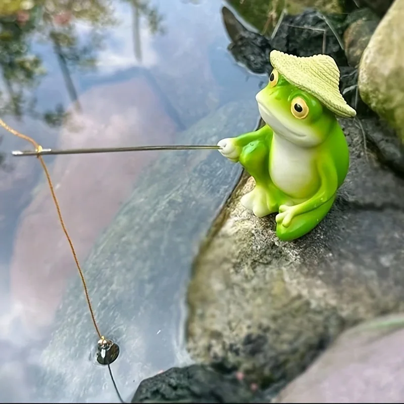 Cartoon Frog Fishing Figurine Creative Cute Resin Animal Sculpture Ornament Home Garden Outdoor Decoration