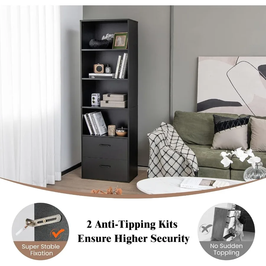 خزانة كتب بطول 74 من 4 طبقات مع أدراج خزانة كتب سوداء قائمة بذاتها مع مجموعات مضادة للرأس خزانة عرض خشبية مفتوحة للتخزين 4C