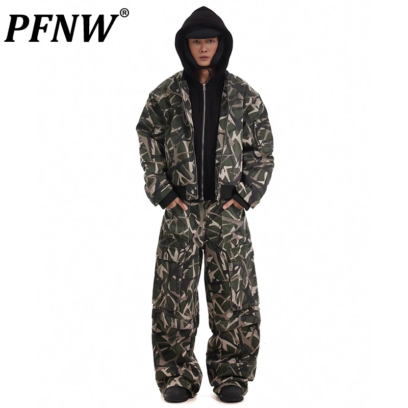 PFNW Niche High Street Thorns Print Fake Two-piece Hooded Loose Parkas Jacket Coat And Wide Leg Casual Cargo Pants Male 28W5800