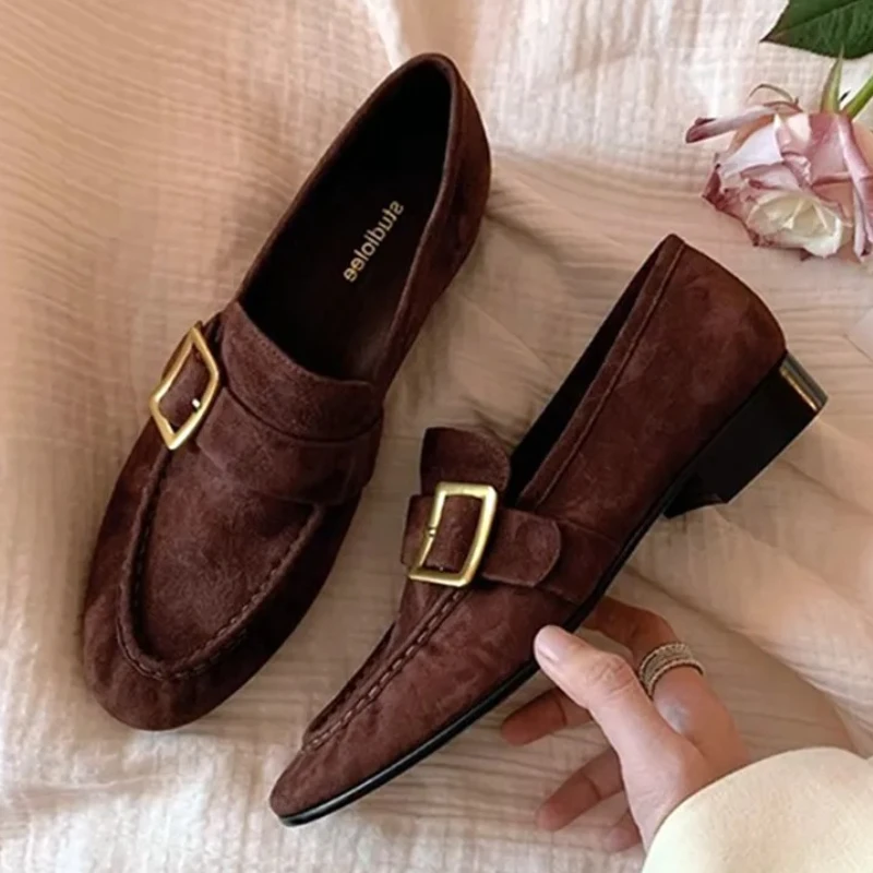 

Comfortable Chunky Heel Faux Suede Women's Loafers Metal Buckle Design Flat Casual Shoes Ladies Retro Lightweight Women's Shoes