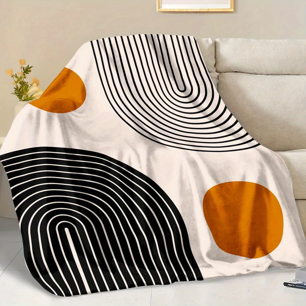 1pc Fluffy Blanket, Eometry, Lines Print White Throw Blanket, White Blanket Barefoot Bream Blanket, Throw Blanket for Sofa, Wint