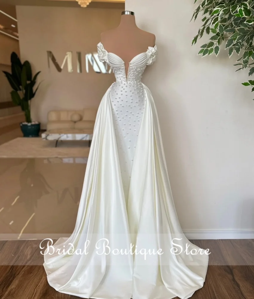 

Elegant Satin Mermaid Wedding Dresses Off the Shoulder Luxury Bead Pearls Bridal Gowns Robe De Mariee Vestidos Customized