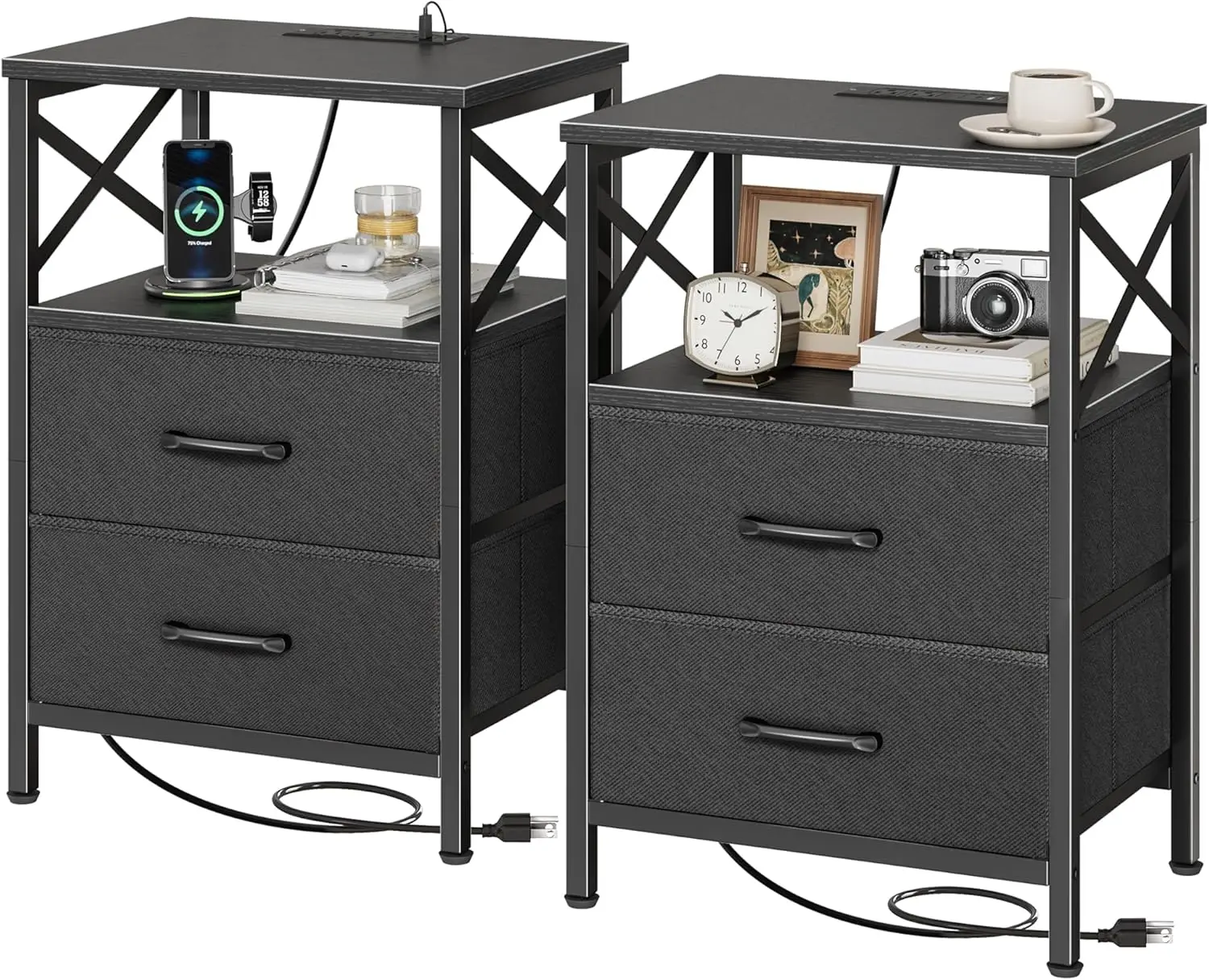 

2-Drawer Nightstand with Charging Station, USB-C Port, Open Shelf, Black End Table for Small Spaces